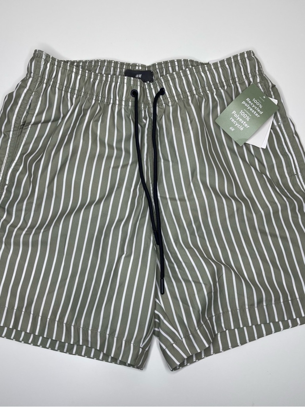 NEW Mens H&M Mid-Length Striped Swim Shorts (Olive Green / White) Size SMALL